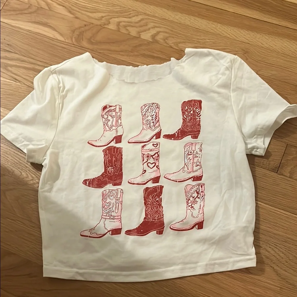 White T-Shirt with Red Cowboy Boot Print - Picture 5 of 5